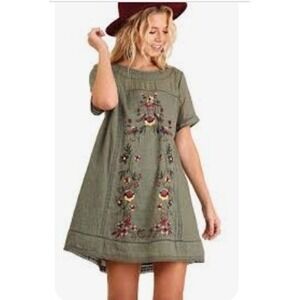 Olive Green Floral Embroidered Mini Dress- Umgee